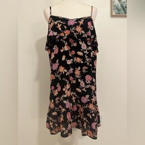 Xhilarartion Women’s Black Spaghetti Straps Mini V Back Floral Dress